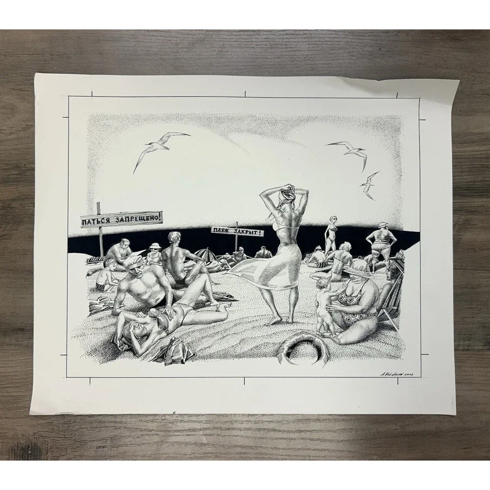 Original Alexander Valdman 2002 Signed Pen & Ink Drawing - Crowded Beach Scene